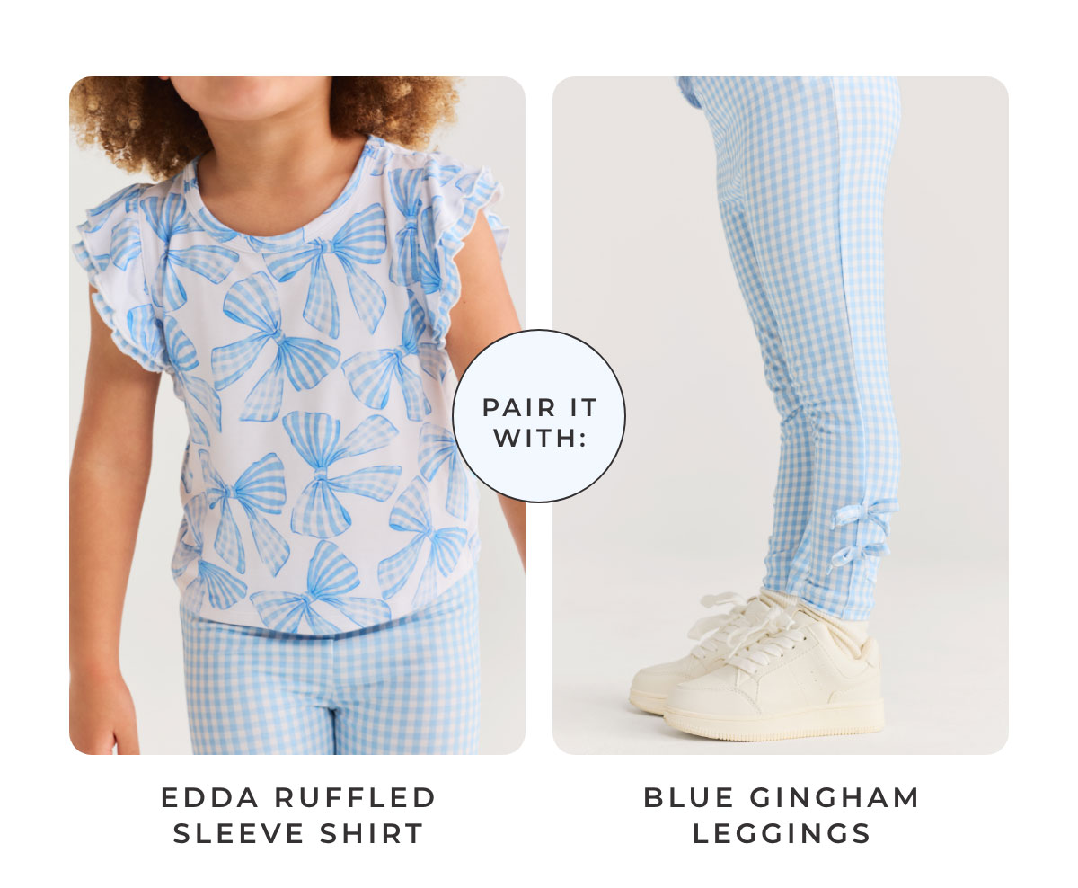 Pair Edda Ruffled Sleever Shirt with Blue Gingham Leggings