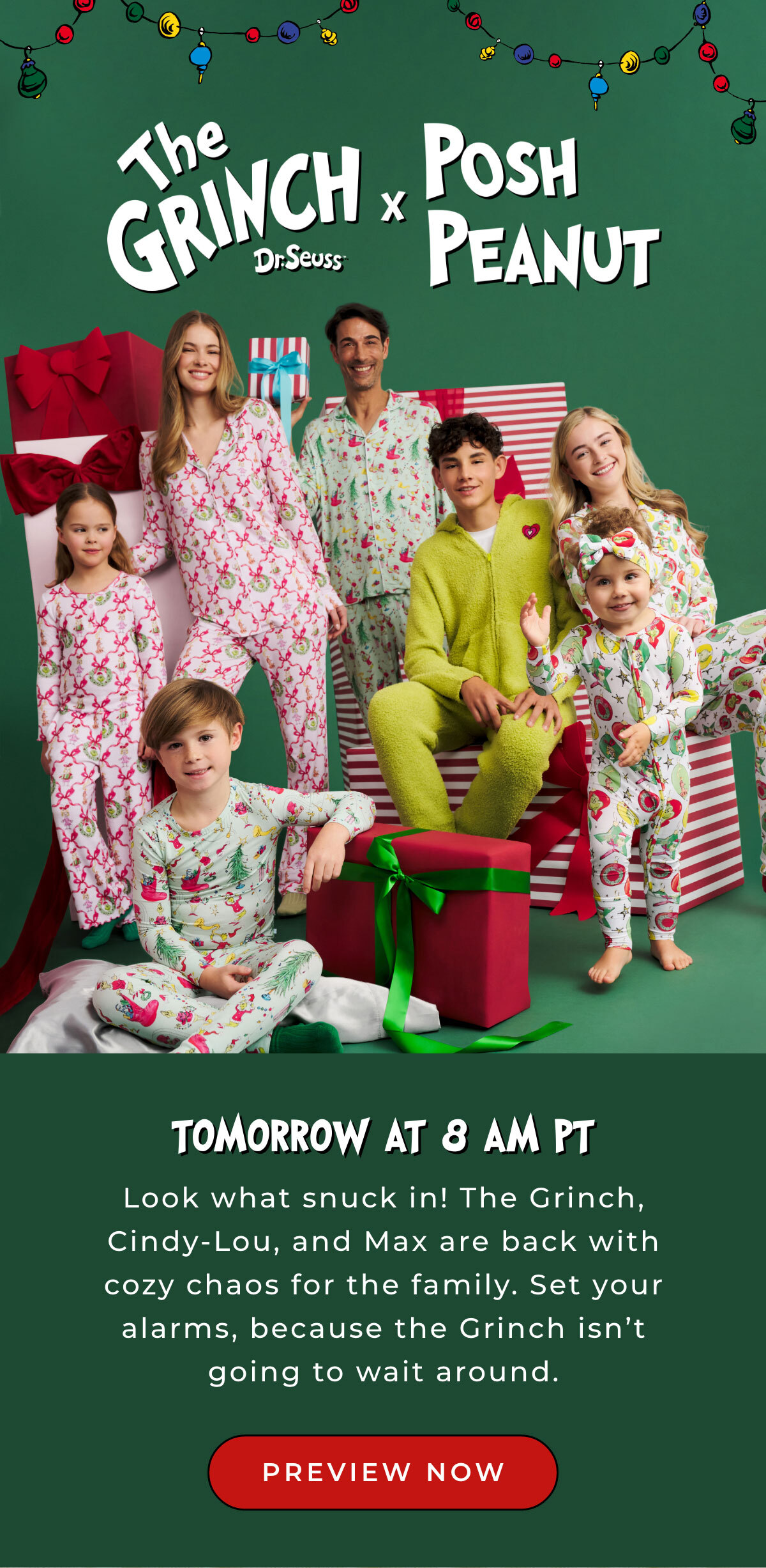 The Grinch Dr Seuss X Posh Peanut... Tomorrow at 8am PT: Look waht snuck in! The Grinch, Cindy-Lou, and Max are back with cozy chaos for the family. Set your alarms, because teh Grinch isn't going to wait around. [PREVIEW NOW]