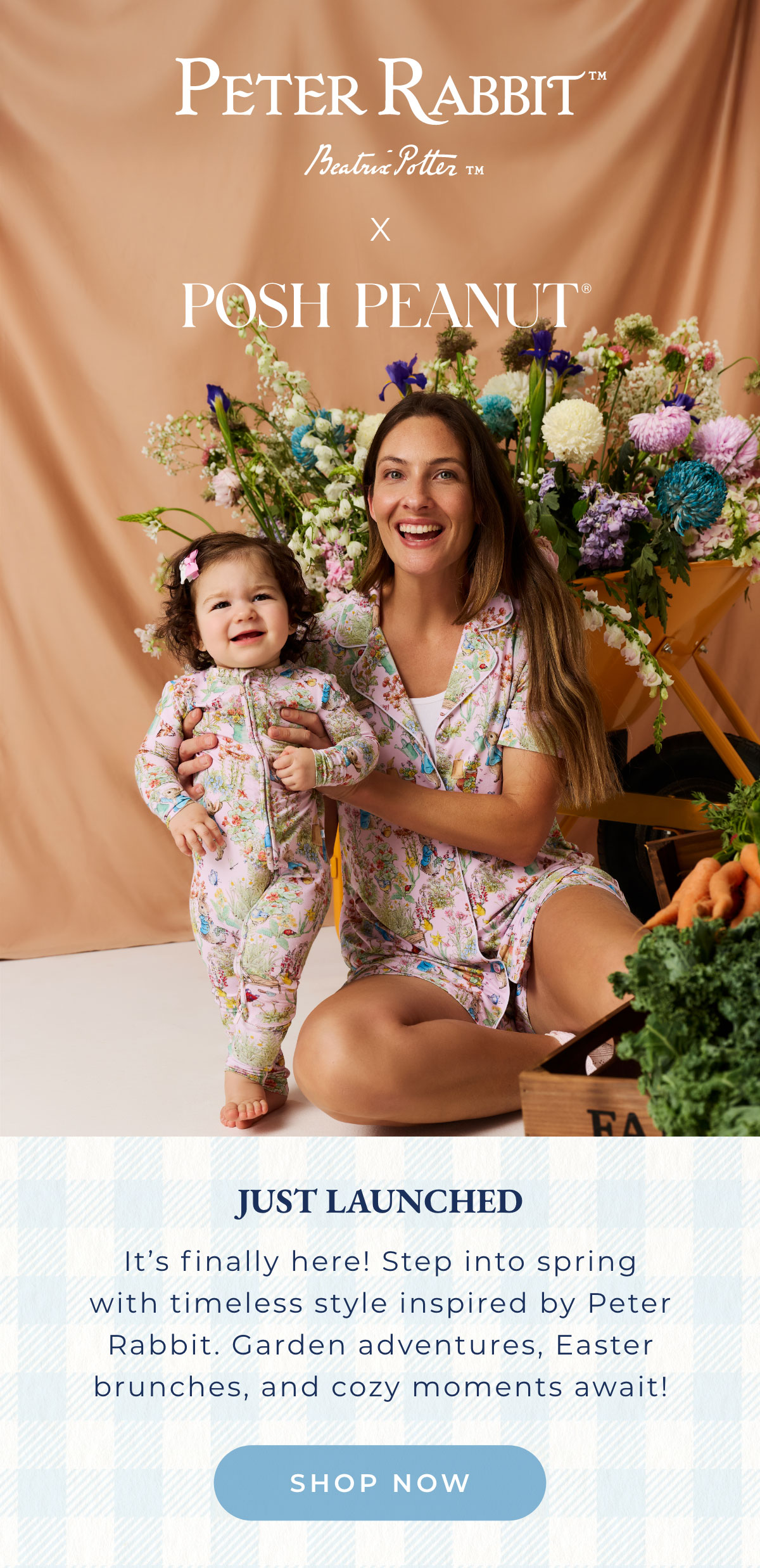 Peter Rabbit X Posh Peanut: Just Launched. It's finally here! Step into spring with timeless style inspired by Peter Rabbit. Garden adventures, Easter brunches, and cozy moments await!