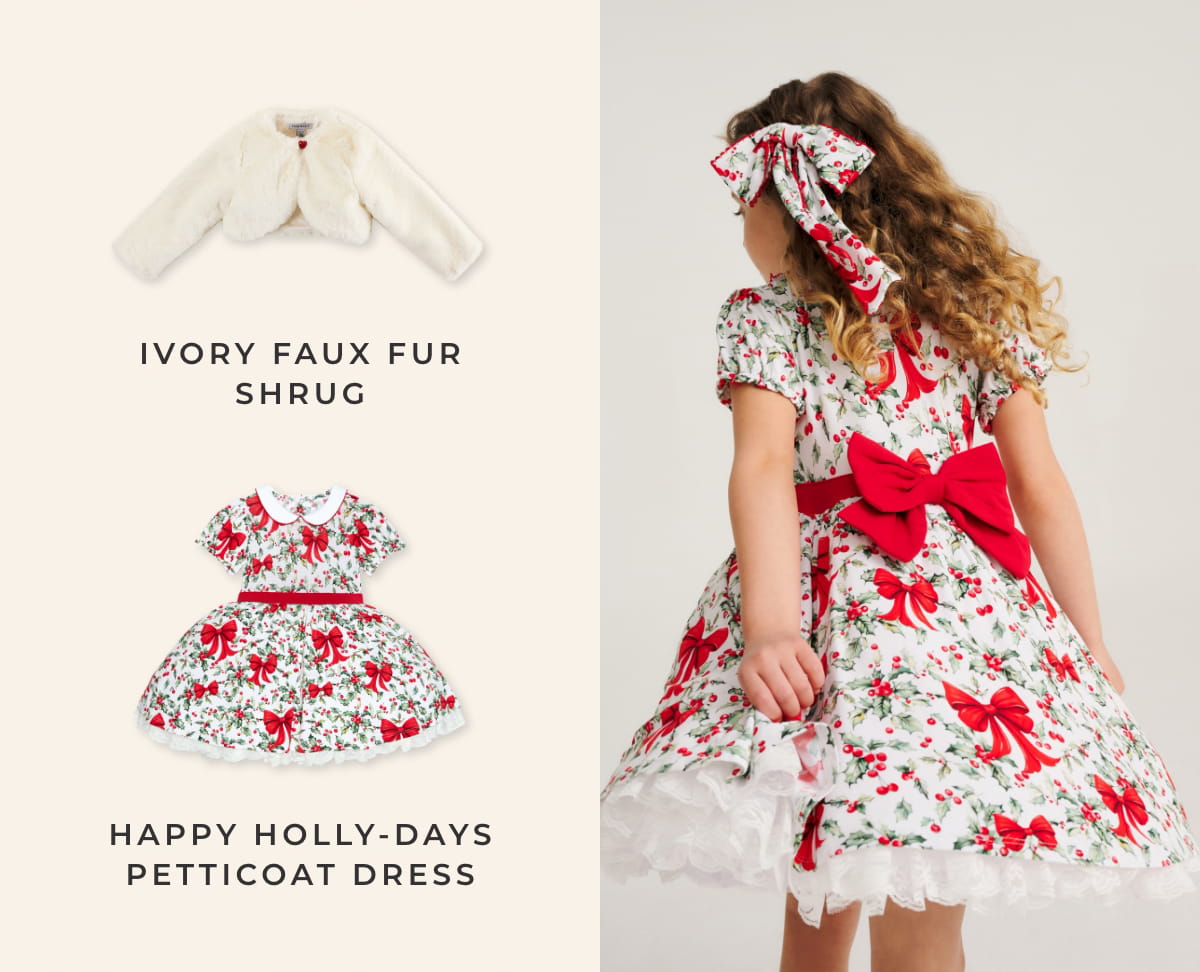 Ivory Faux Fur Shrug + Happy Holly-Days Petticoat Dress