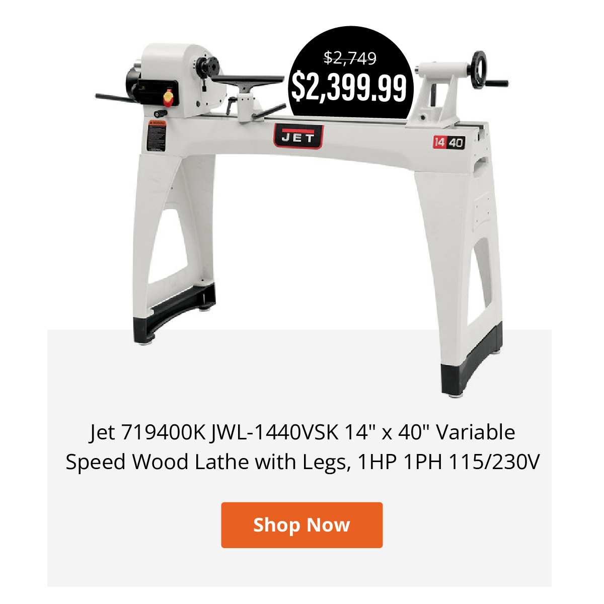 Jet 719400K JWL-1440VSK 14" x 40" Variable Speed Wood Lathe with Legs, 1HP 1PH 115/230V