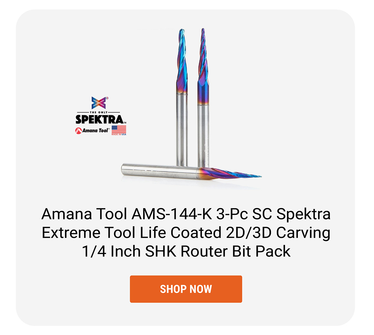 Amana Tool AMS-144-K 3-Pc SC Spektra Extreme Tool Life Coated 2D/3D Carving 1/4" SHK Router Bit Pack
