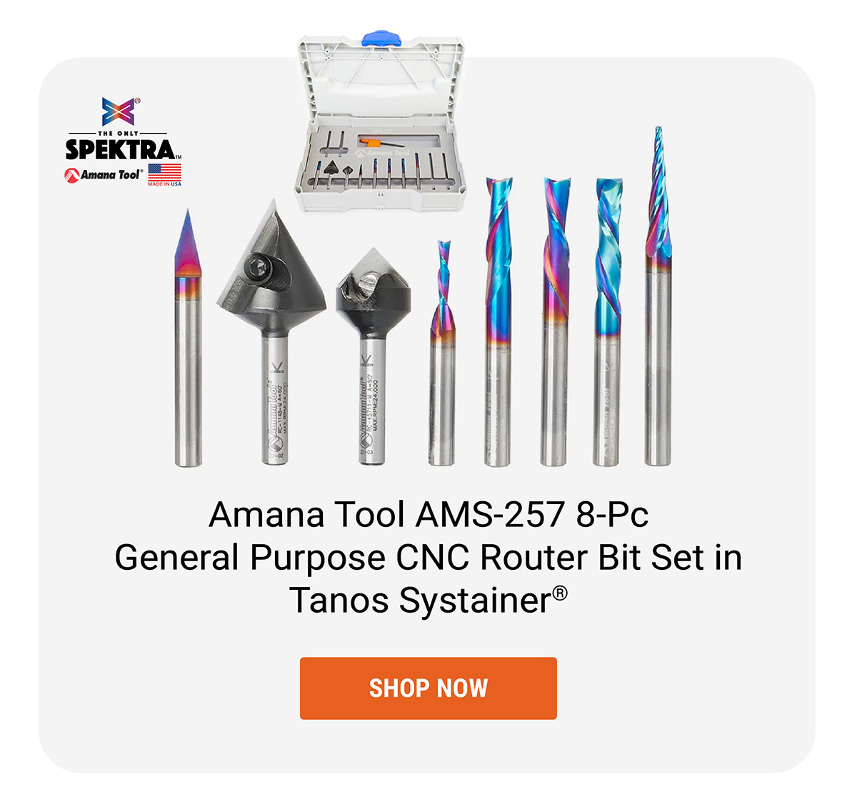 Amana Tool AMS-257 8-Pc General Purpose CNC Router Bit Set in Tanos Systainer®