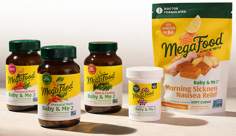MegaFood Baby & Me 2 line of products on a counter
