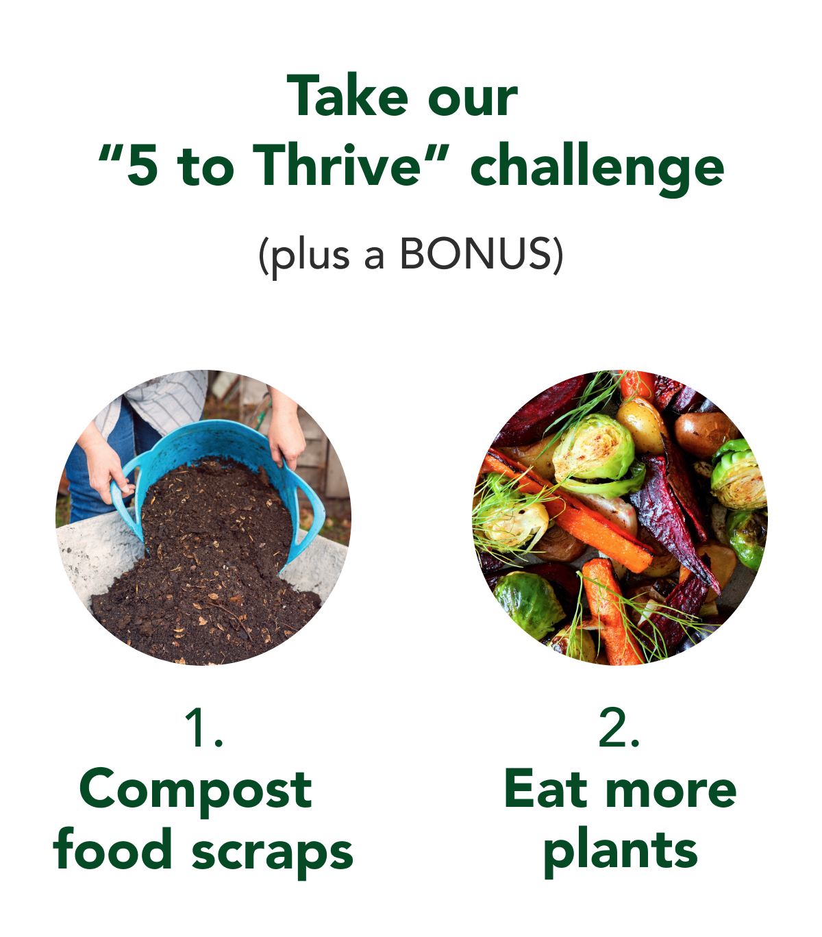Take our "5 to Thrive" challenge (plus a BONUS). 1. Compost food scraps. 2. Eat more plants. 