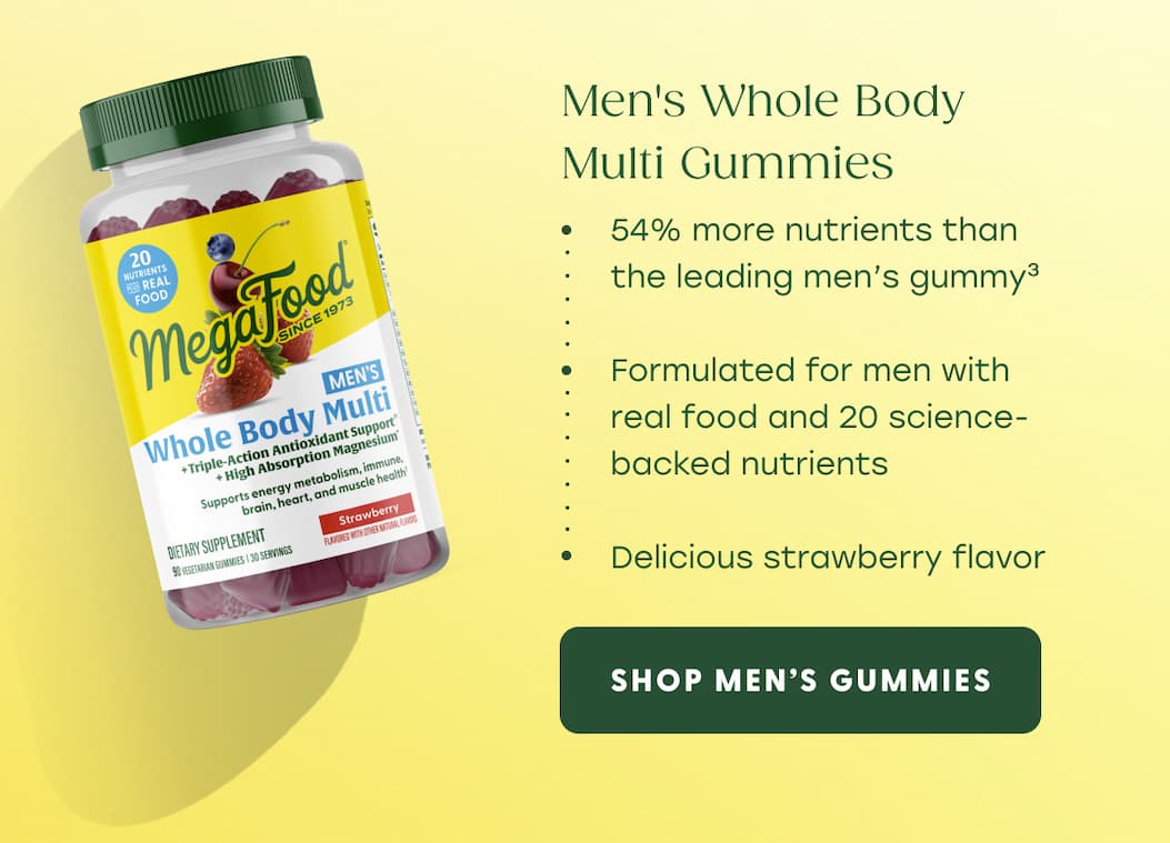Men's Whole Body Multi Gummies | 54% more nutrients than the leading men's gummy (3) | Formulated for men with real food and 20 science-backed nutrients | Delicious strawberry flavor | SHOP MEN'S GUMMIES