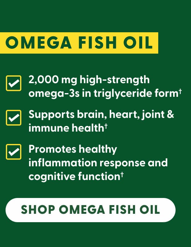 Omega Fish Oil | 2,000 mg high-strength omega-3s in triglyceride form† | Supports brain, heart, joint & immune health† | Promotes healthy inflammation response and cognitive function† | Shop Omega Fish Oil