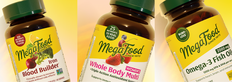 Three blocks with MegaFood bottles | Iron Blood Builder | Women's Whole Body Multi Capsules | Omega-3 Fish Oil