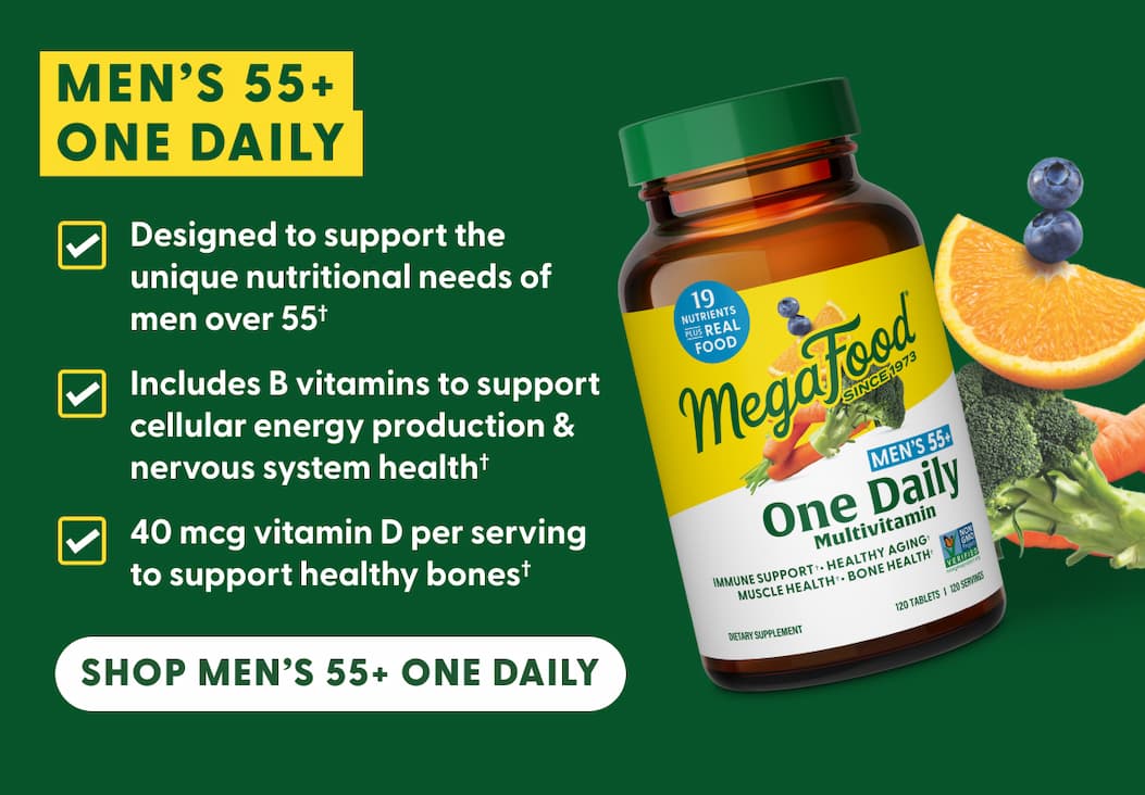 Men's 55+ One Daily | Designed to support the unique nutritional needs of men over 55† | Includes B vitamins to support cellular energy production & nervous system health† | 40 mcg vitamin D per serving to support healthy bones† | Shop Men's 55+ One Daily
