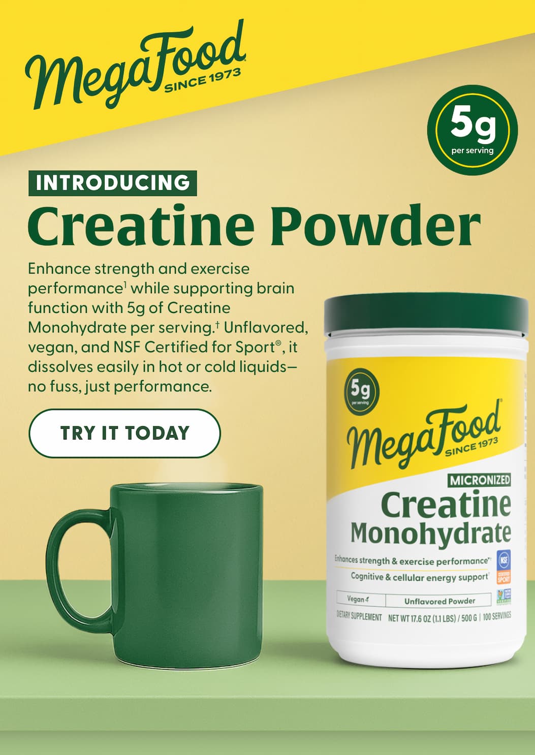 MegaFood (Logo) Since 1973 | Introducing: Creatine Powder | 5g per serving | Enhance strength and exercise performance(1) while supporting brain function with 5g of Creatine Monohydrate per serving.† Unflavored, vegan, and NSF Certified for Sport®, it dissolves easily in hot or cold liquids—no fuss, just performance. | TRY IT TODAY