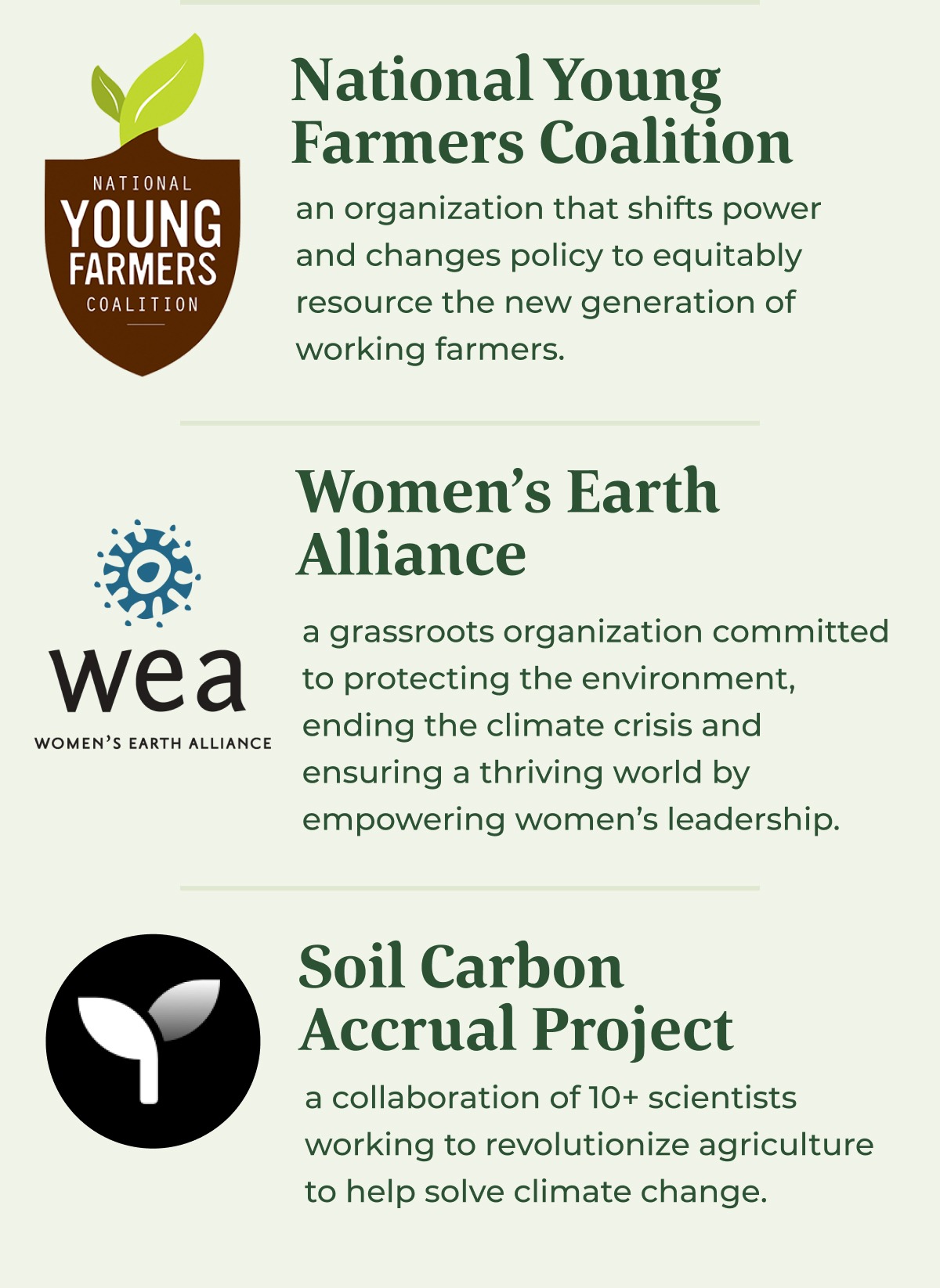 MegaFood is funding National Young Farmers Coalition, Women's Earth Alliance, and Social Carbon Accrual Project