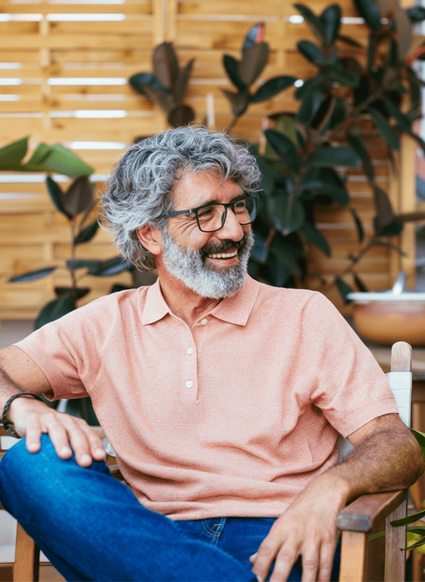 an image of a man with a beard and glasses sitting on a chair