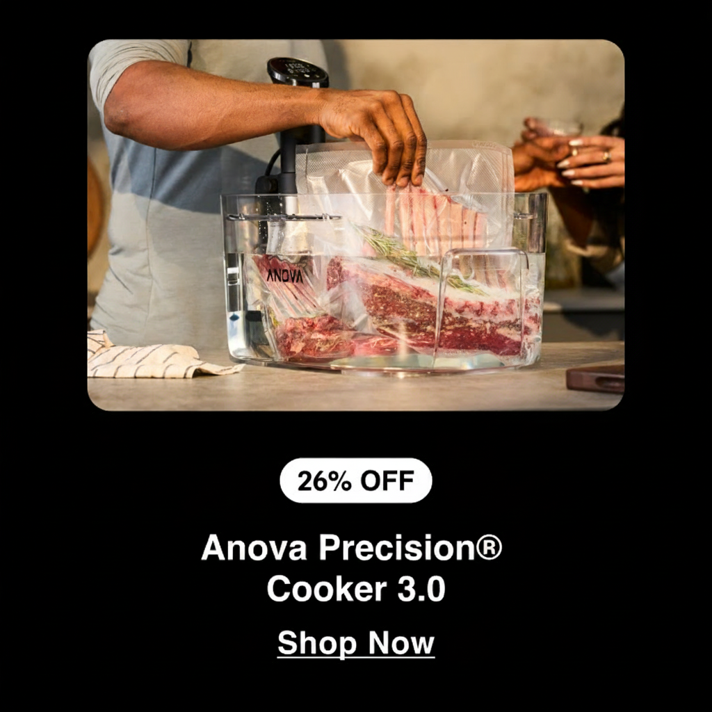 An Anova Precision Cooker 3.0 is shown with meat in a water bath, offering 26% off. An Anova Precision Cooker 3.0 is shown with meat in a water bath, offering 26% off.