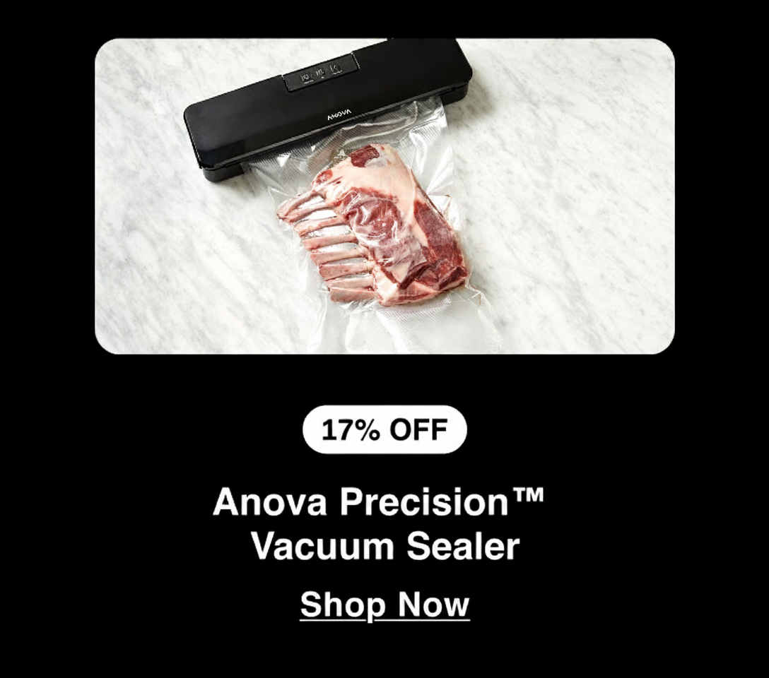 An Anova Precision Vacuum Sealer with a rack of lamb, 17% off. An Anova Precision Vacuum Sealer with a rack of lamb, 17% off.