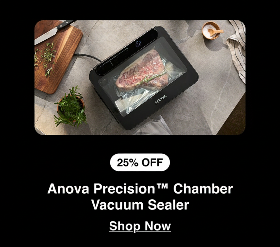An Anova Precision Chamber Vacuum Sealer with a steak inside, on sale for 25% off. An Anova Precision Chamber Vacuum Sealer with a steak inside, on sale for 25% off.