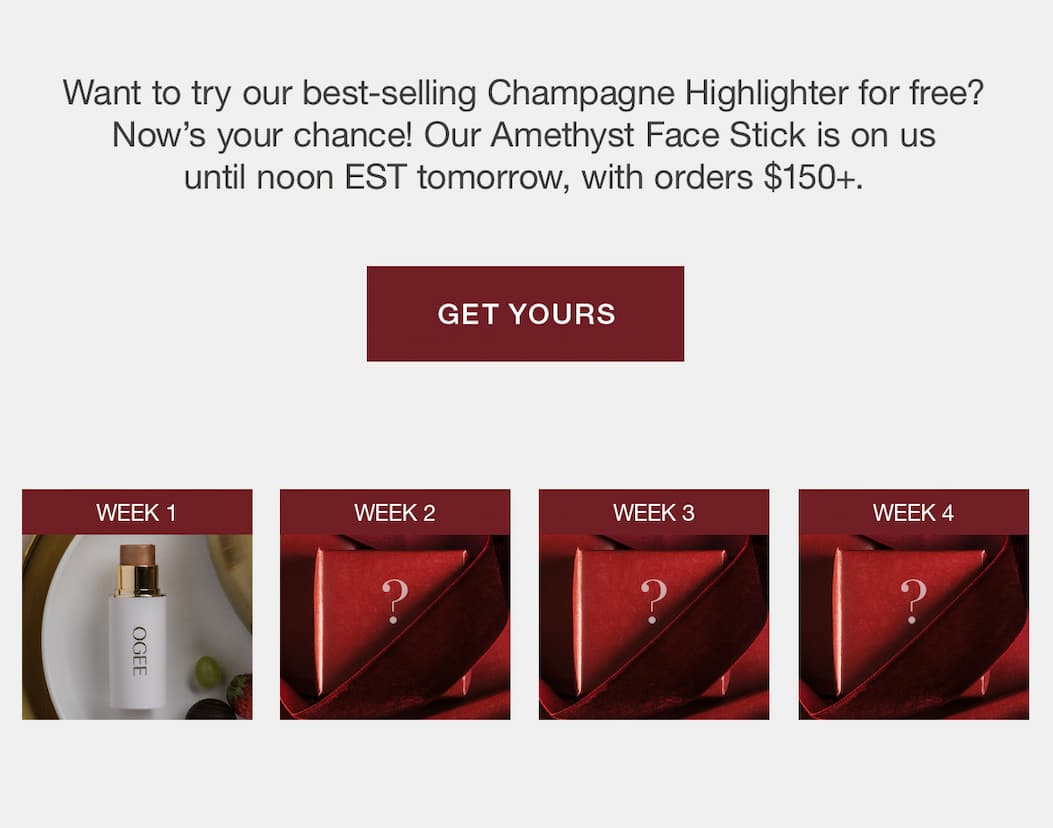 Want to try our best-selling Champagne Highlighter for free? Now's your chance!  Our Amethyst Face Stick is on us until noon EST tomorrow, with orders $150+.
