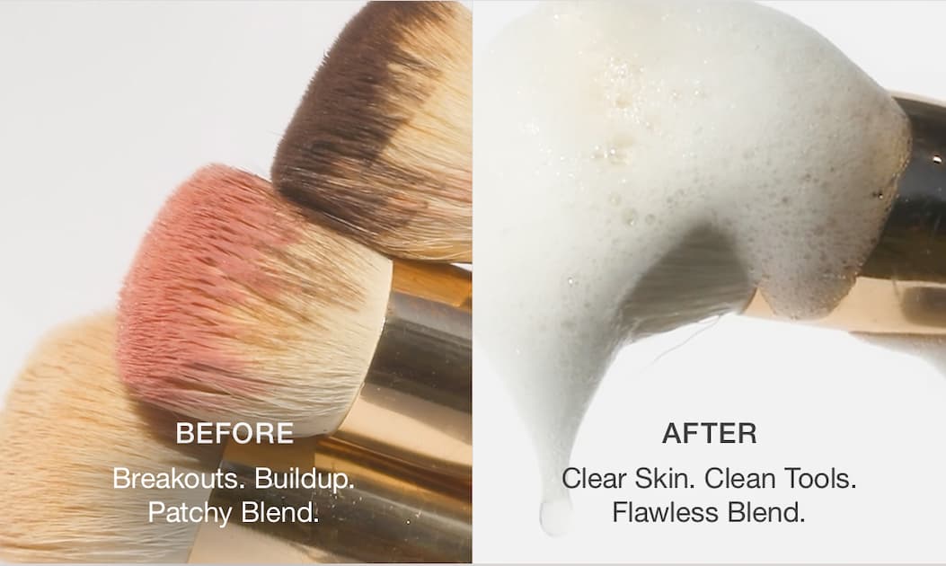 BEFORE: Breakouts. Buildup. Patchy Blend. | AFTER: Clear Skin. Clean Tools. Flawless Blend.