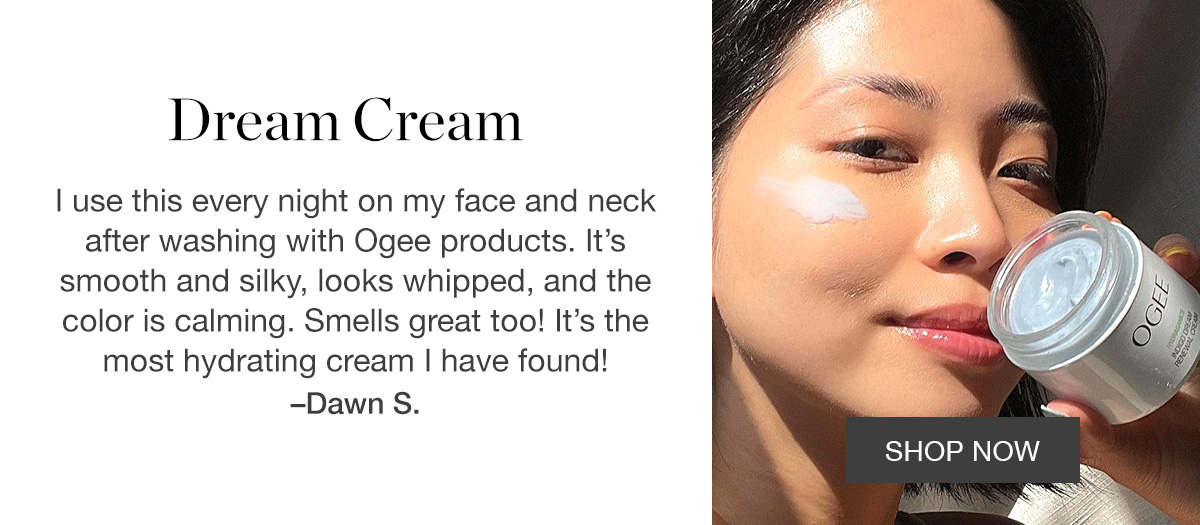 Testimonial "Dream Cream" - Dawn S. + image of woman applying Indigo Dream Renewal Cream