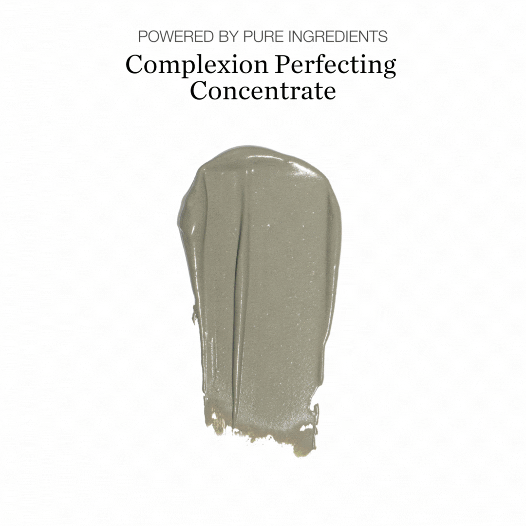 Complexion Perfecting Concentrate: A swatch of Clay Mask with Aloe Vera, Glacial Oceanic Clay, Rosemary, and Rose Hip Oil circular ingredients pictures on the sides.