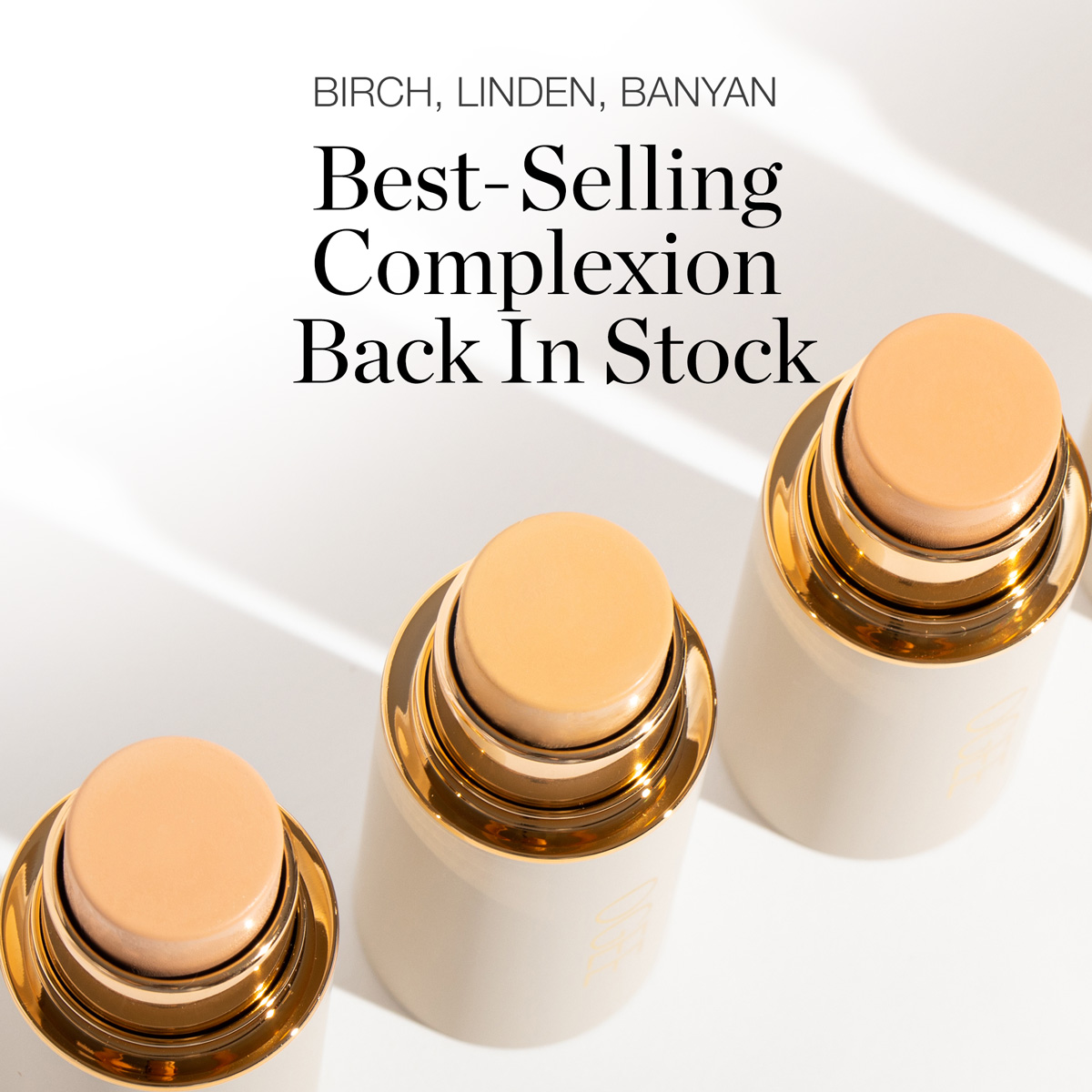 Skin-Perfecting Tinted Moisturizer - Birch, Linden, & Banyan are BACK! 3 tan complexion sticks appearing in a gif