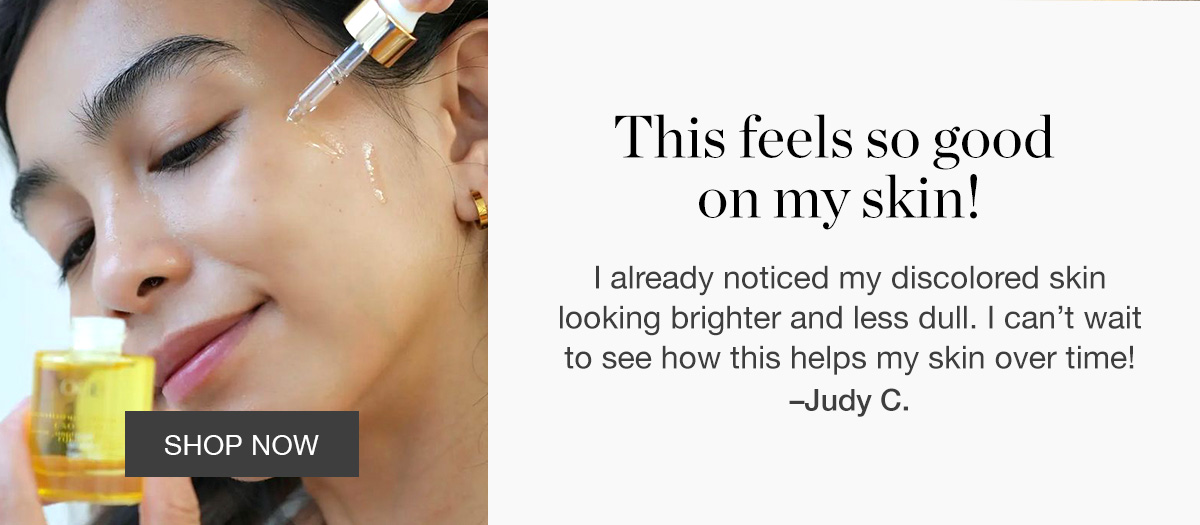 Testimonial "This feels so good on my skin!" - Judy C. + image of woman applying Vitamin C THDA 20% Elixir