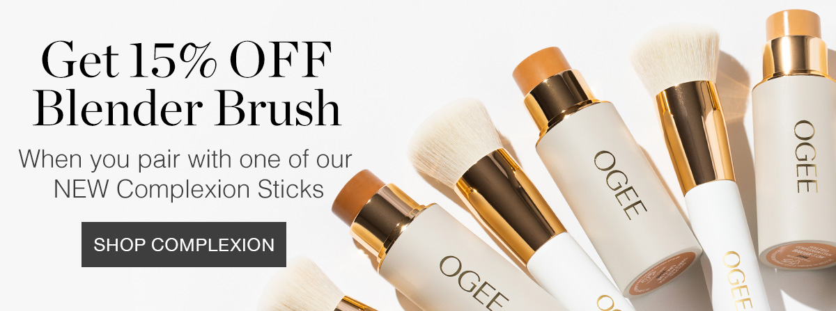 Get 15% OFF Blender Brush when you pair with one of our NEW Complexion Sticks (Image of 3 complexion sticks and brush laying flat)
