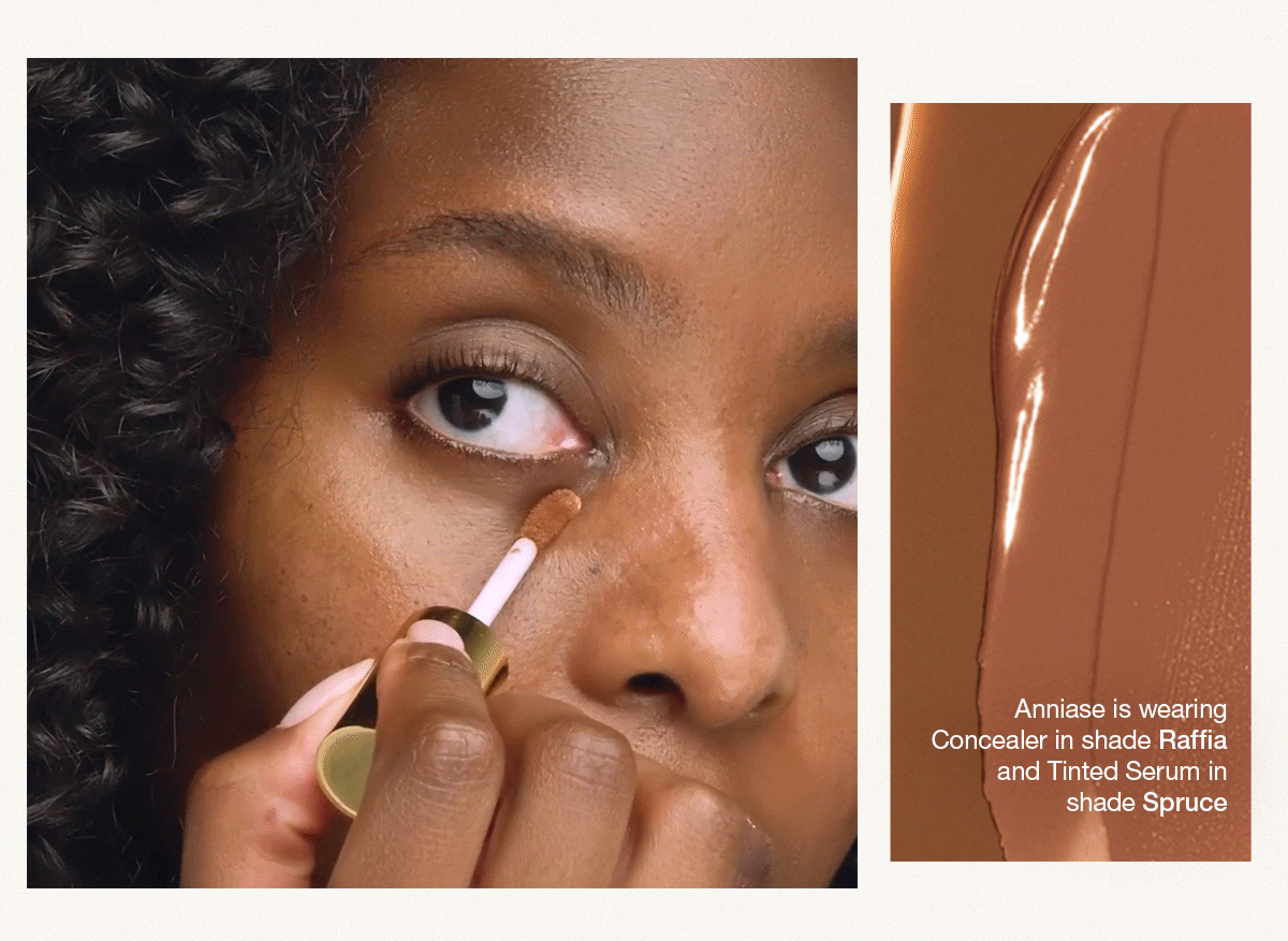 Anniase is wearing Concealer in shade Raffia and Tinted Serum in shade Spruce