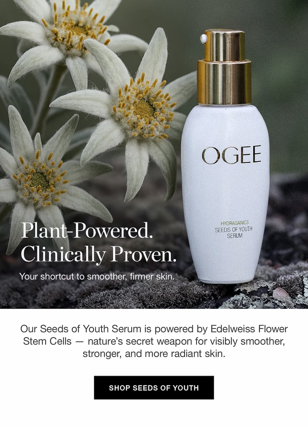 Our Seeds of Youth Serum is powered by Edelweiss Flower Stem Cells — nature's secret weapon for visibly smoother, stronger, and more radiant skin.