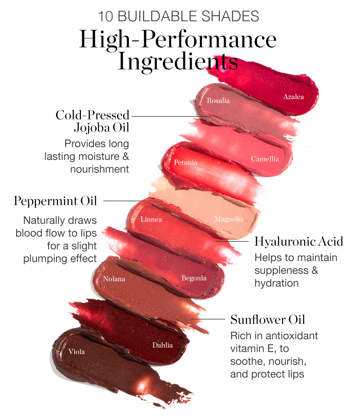 10 Buildable Shades: High-Performance Ingredients! Cold-Pressed Jojoba Oil, Peppermint Oil, Hyaluronic Acid, Sunflower Oil