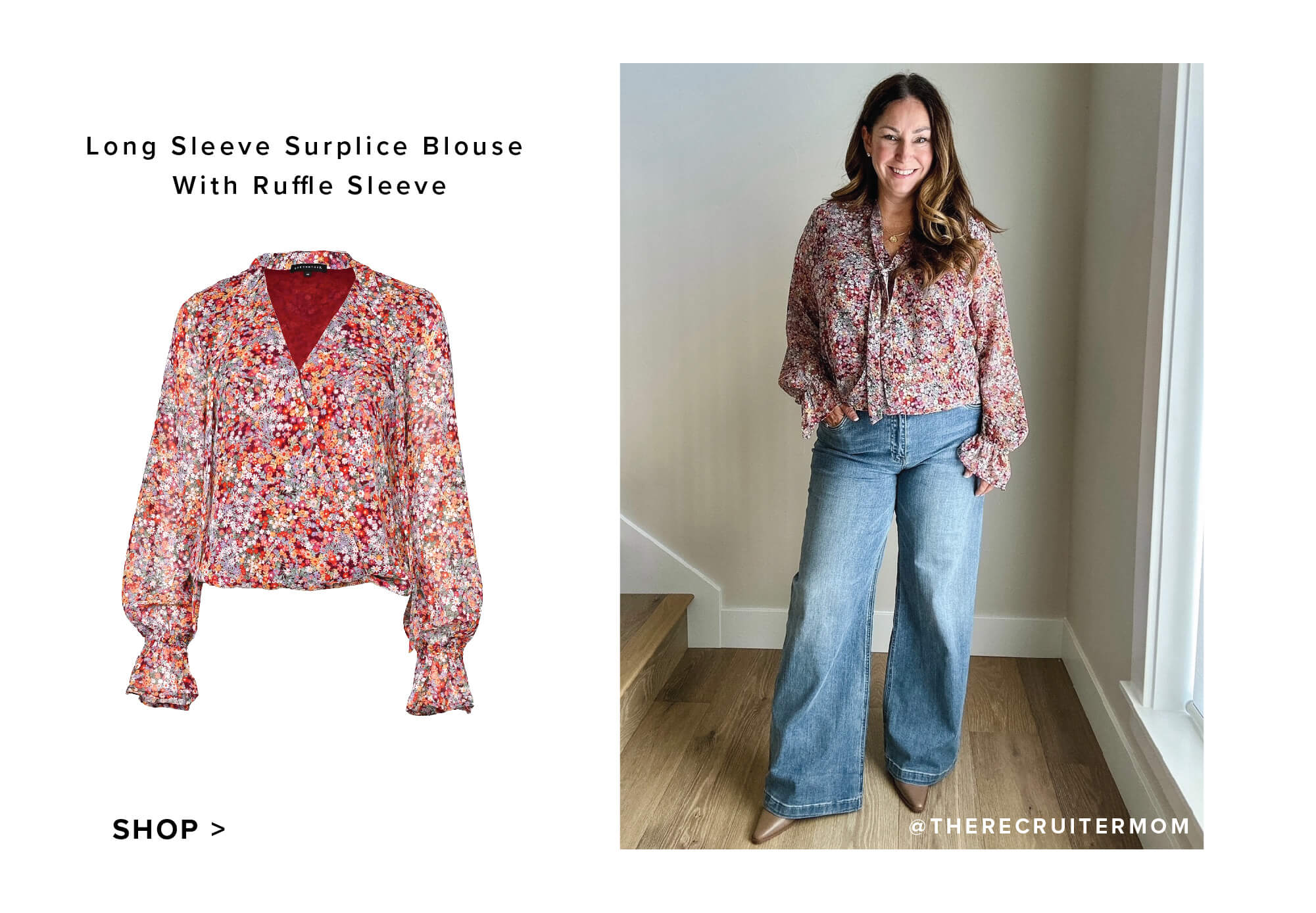 Long Sleeve Surplice Blouse With Ruffle Sleeve