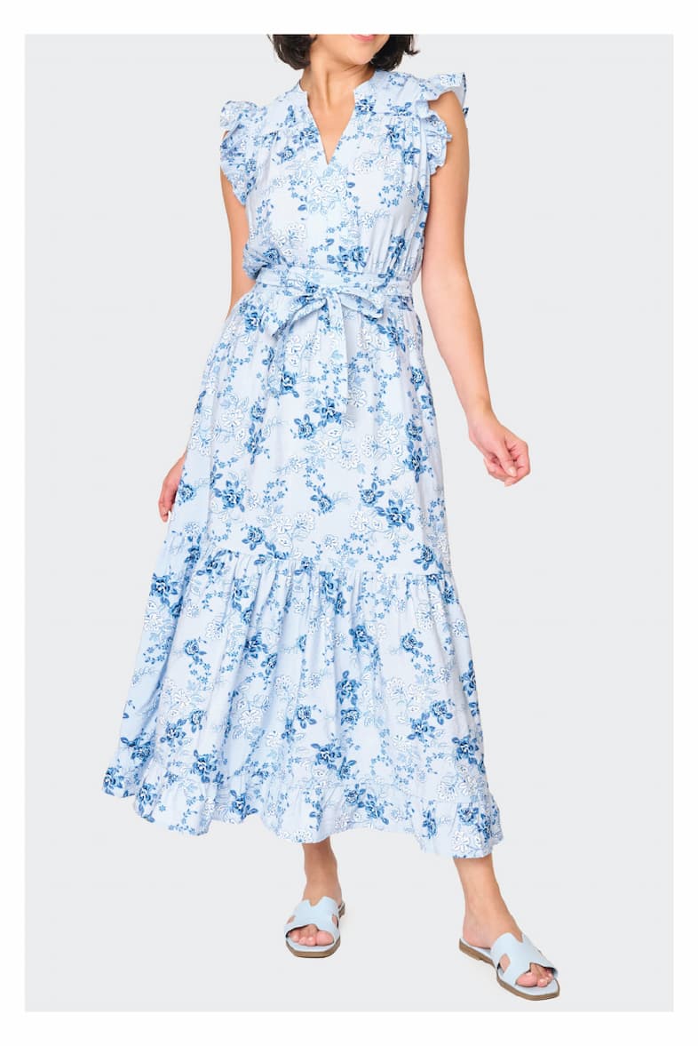 Notch Neck Flutter Sleeve Maxi Dress