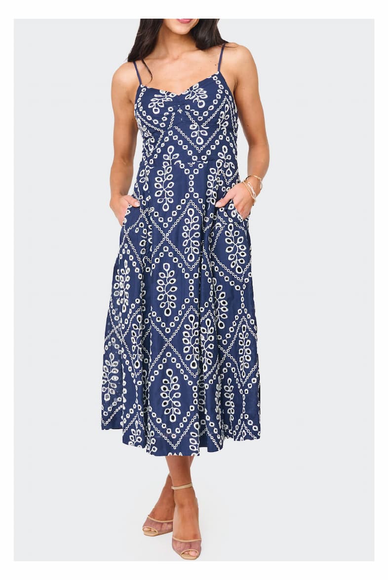 The Amanda Smocked Back Eyelet Midi Dress