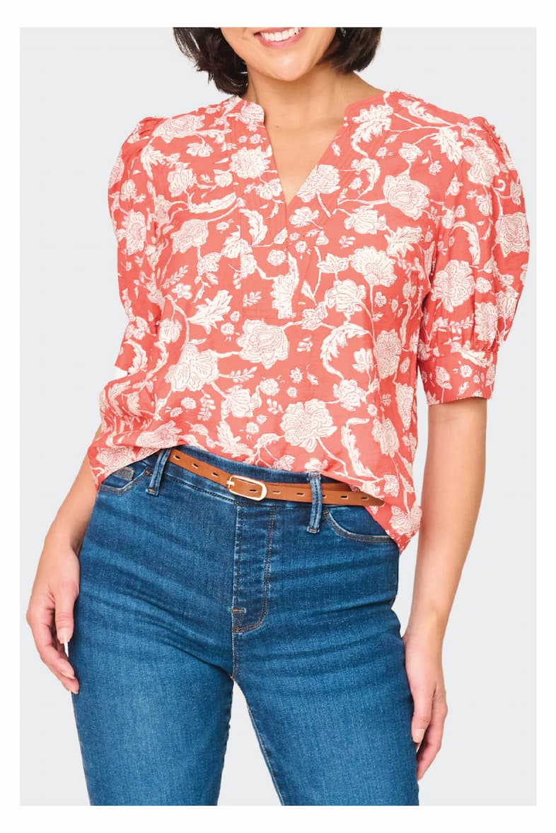 Notch Neck Pullover Puff Sleeve Blouse