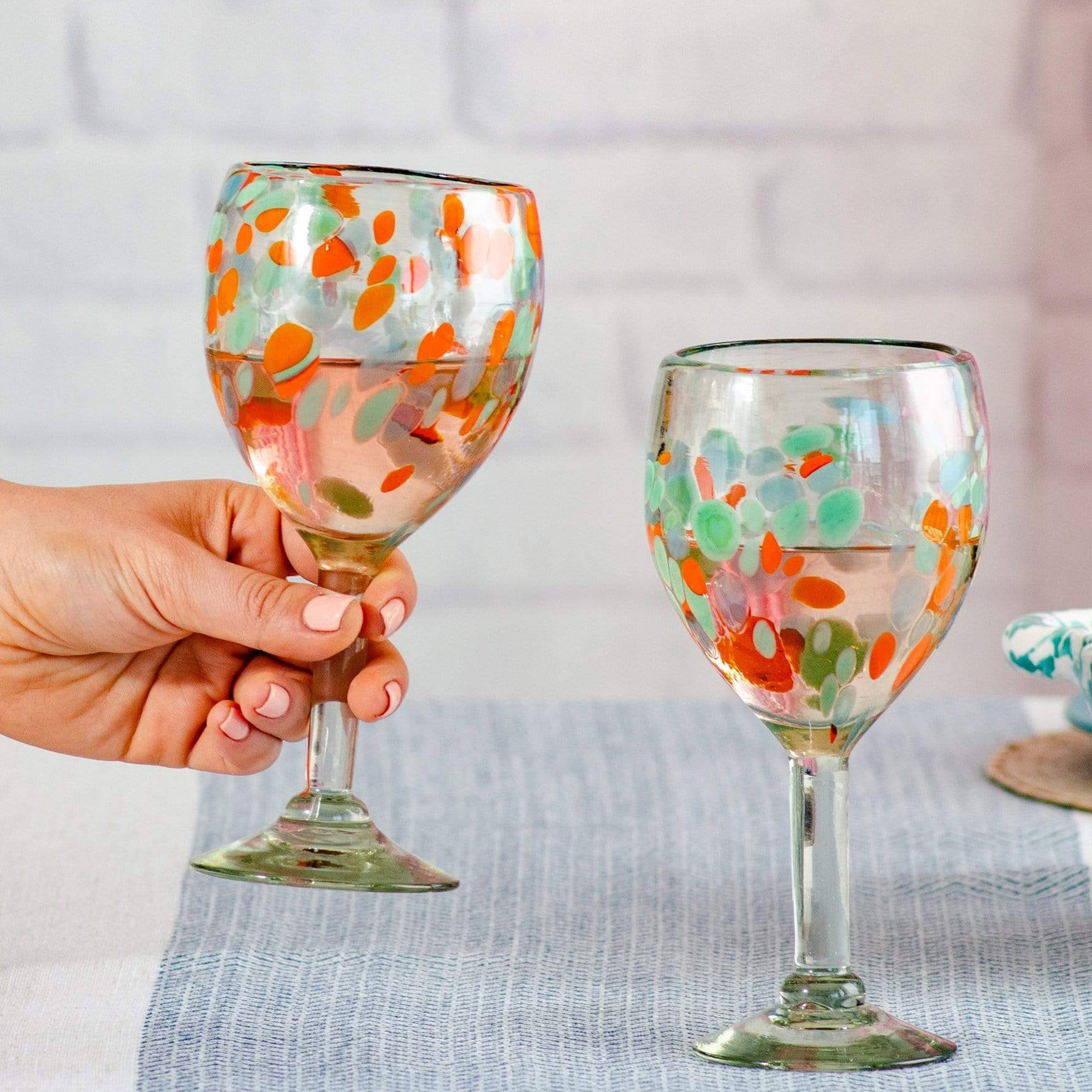 Set of 4 Handblown Coral Stemmed Wine Glasses from Mexico - Classy Coral