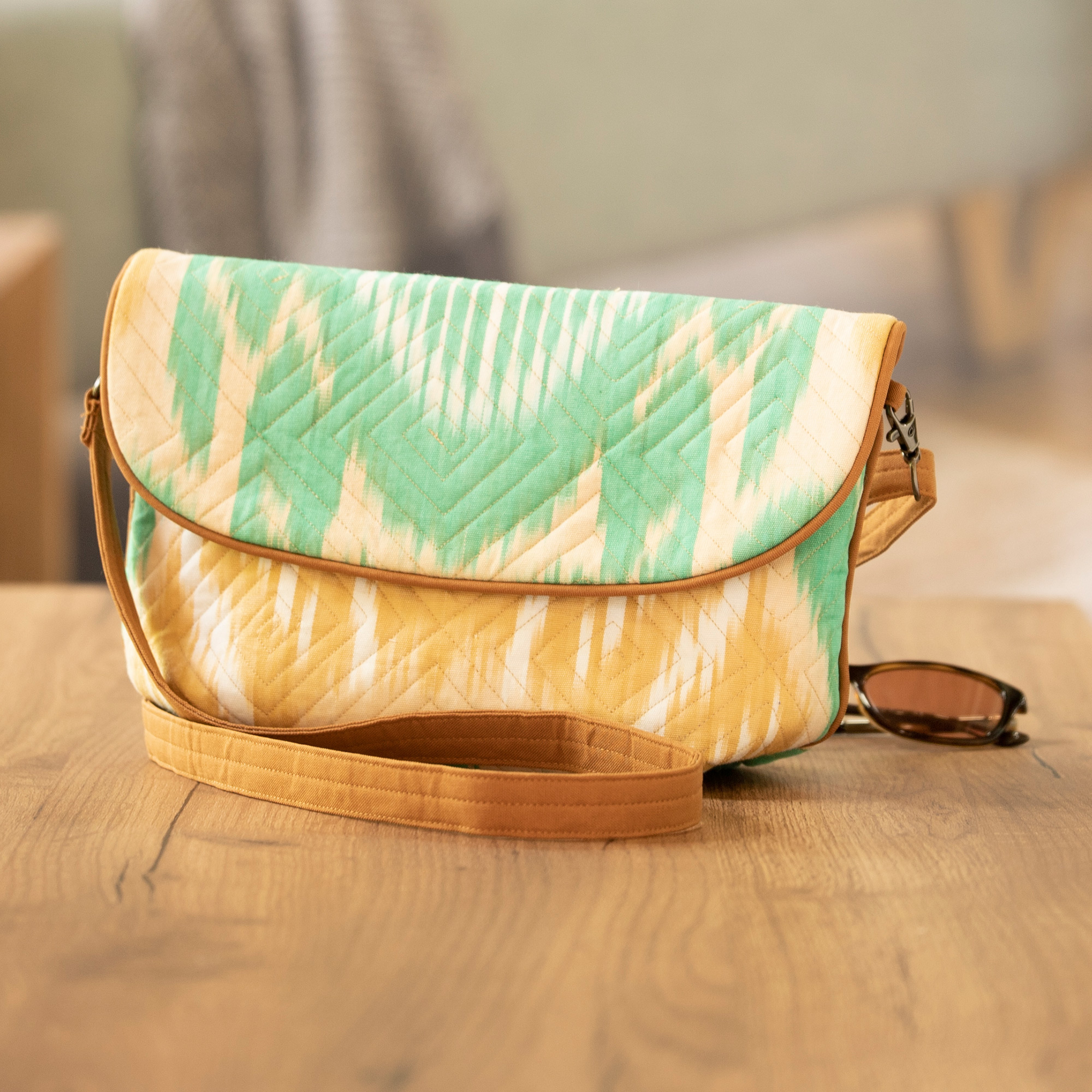 Ikat Cotton Sling Bag in Tan and Aqua with Removable Strap