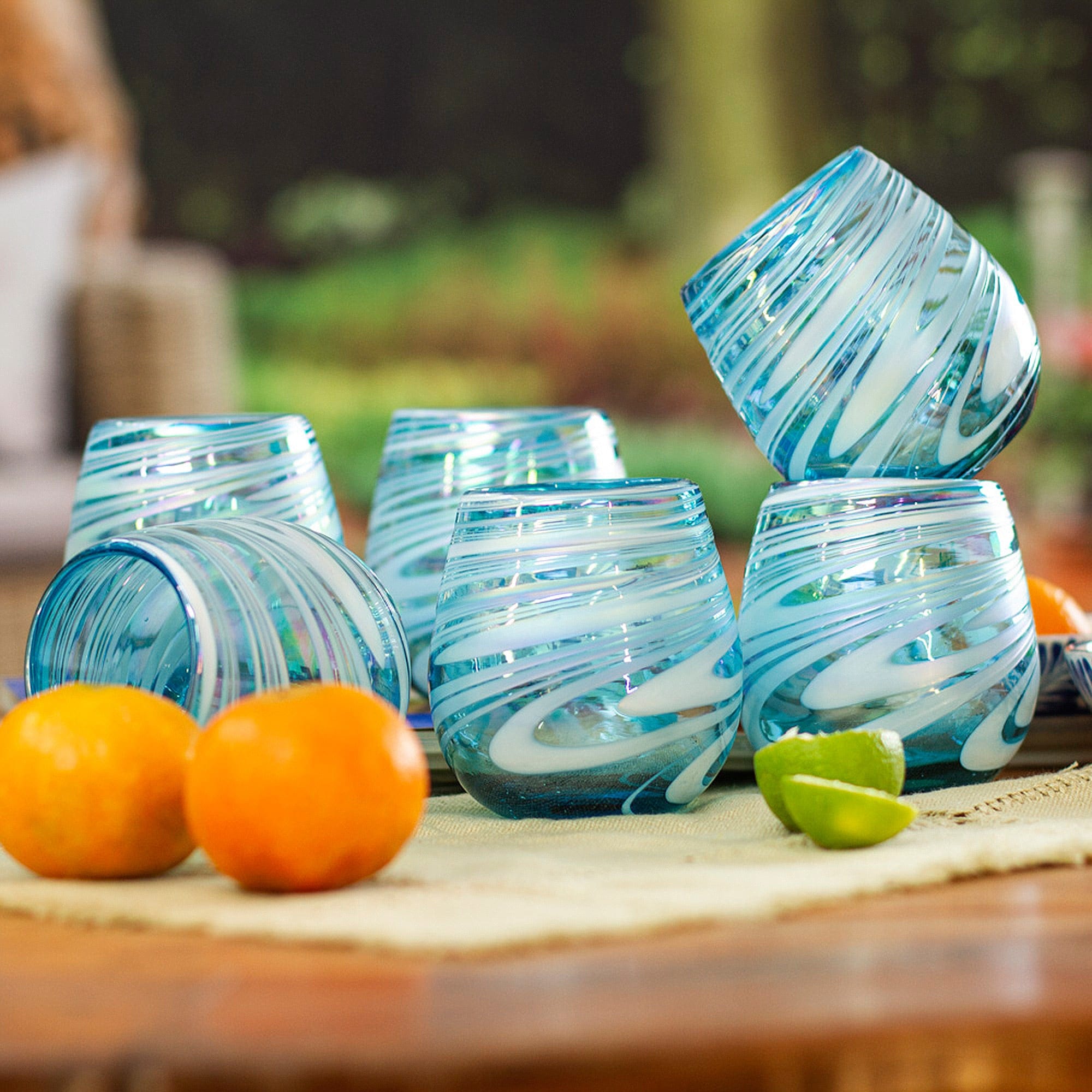Handblown Stemless Wine Glasses - Set of 6 - Ocean Swirl