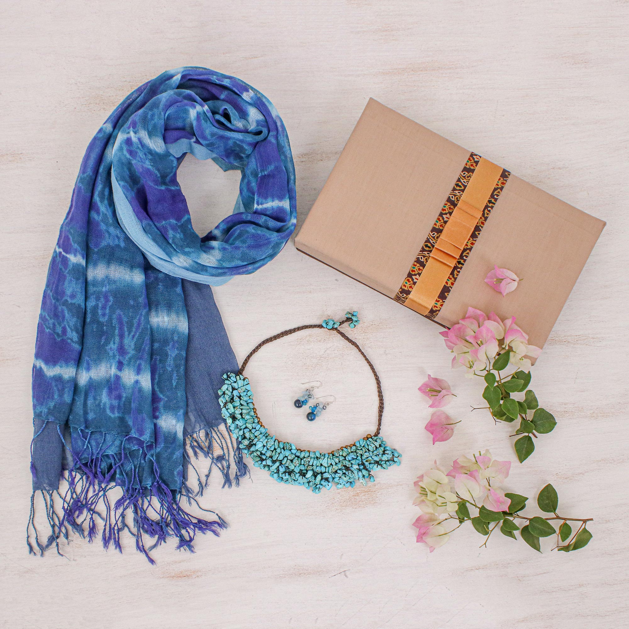 Thai Blue Cotton Scarves with Gemstone Jewelry Set - Blue Spring