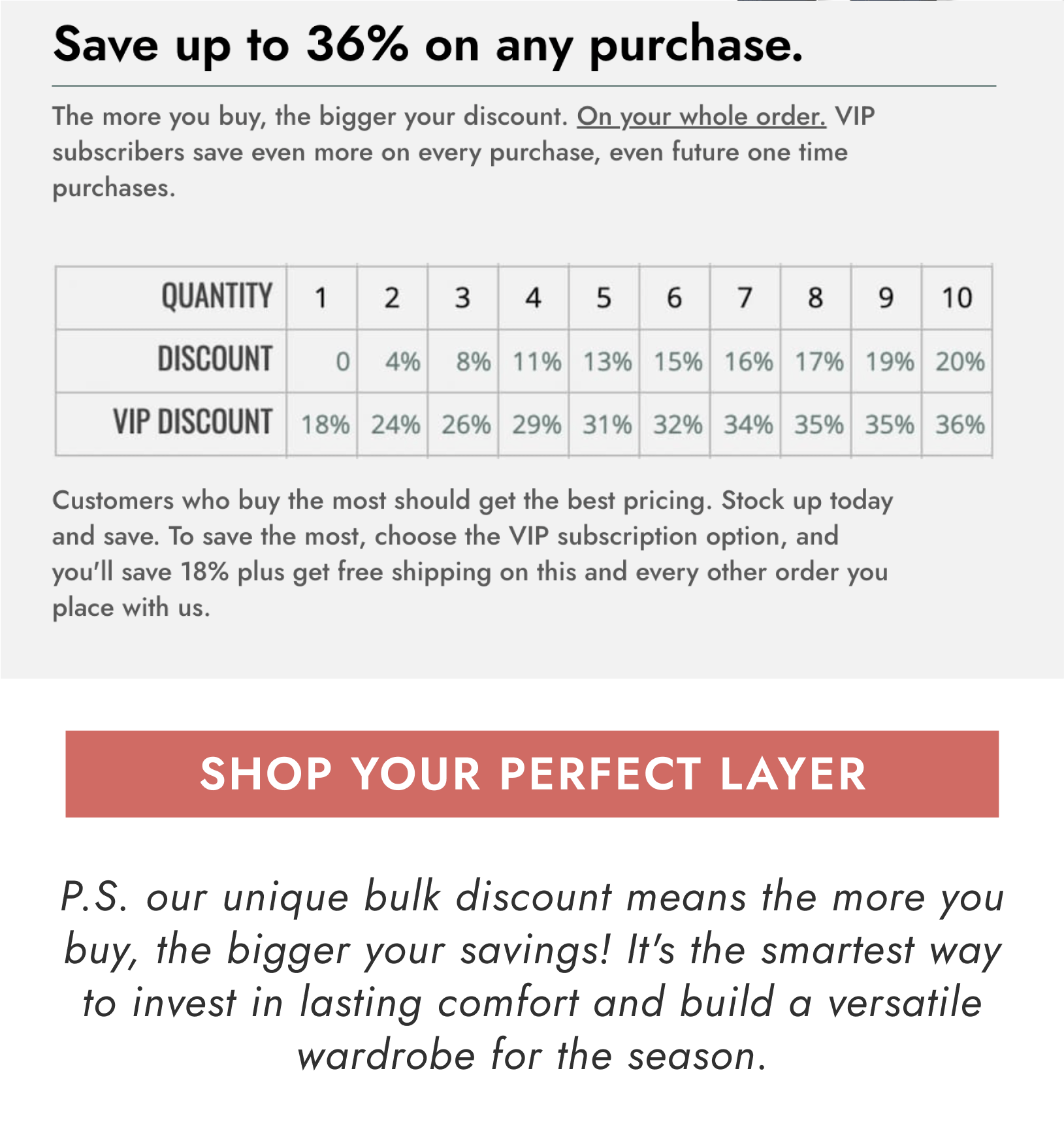 P.S. our unique bulk discount means the more you buy, the bigger your savings! It's the smartest way to invest in lasting comfort and build a versatile wardrobe for the season.