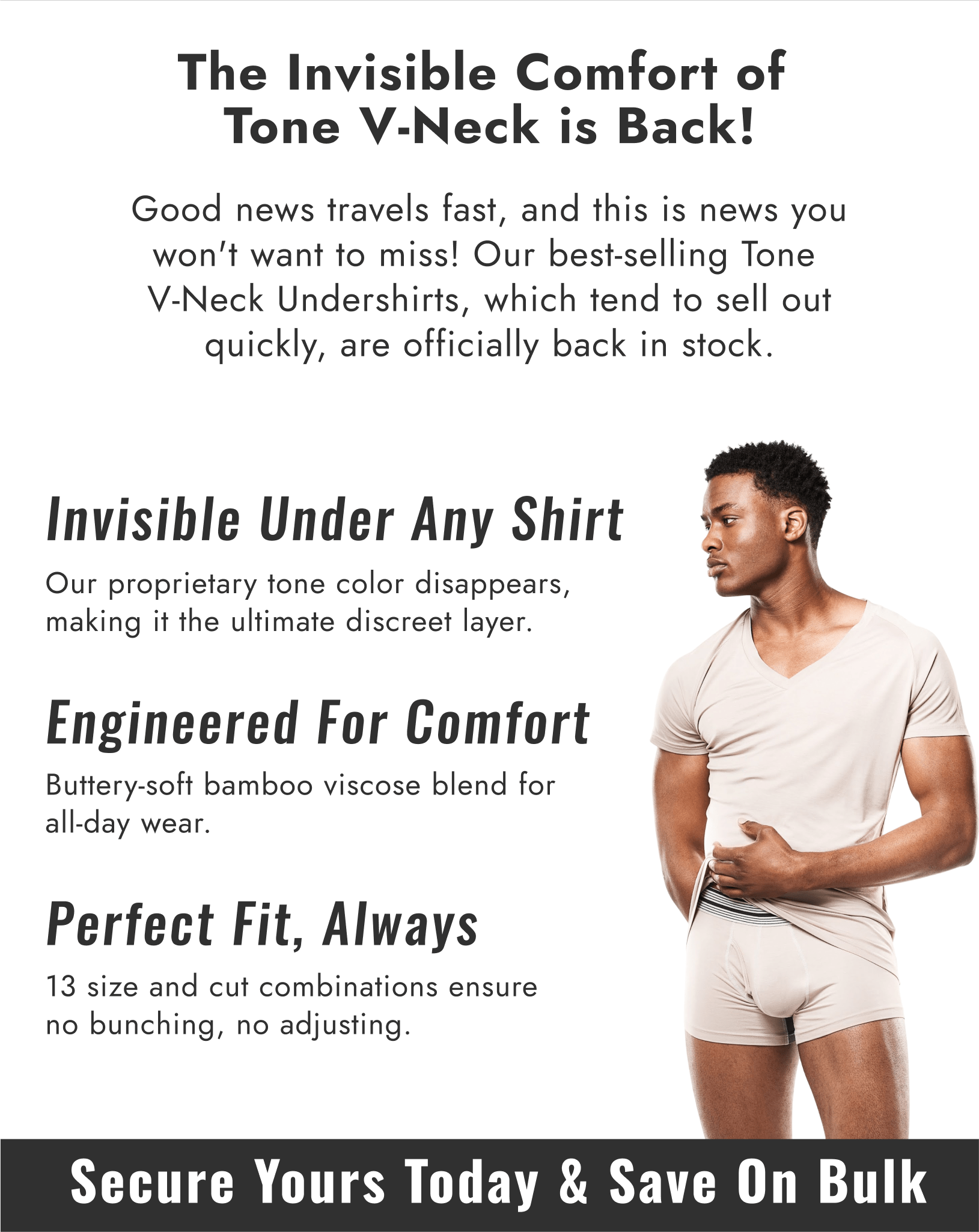 Good news travels fast, and this is news you won't want to miss! Our highly popular Tone V-Neck Undershirts, which tend to sell out quickly, are officially back in stock.