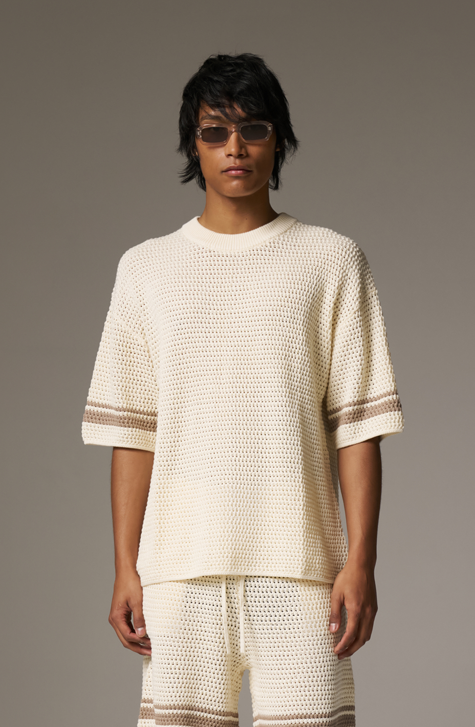 CROCHET KNITTED STRIPE T-SHIRT