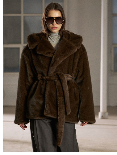 BELTED FAUX FUR HOODED COAT