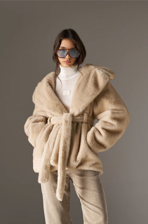 BELTED FAUX FUR HOODED COAT