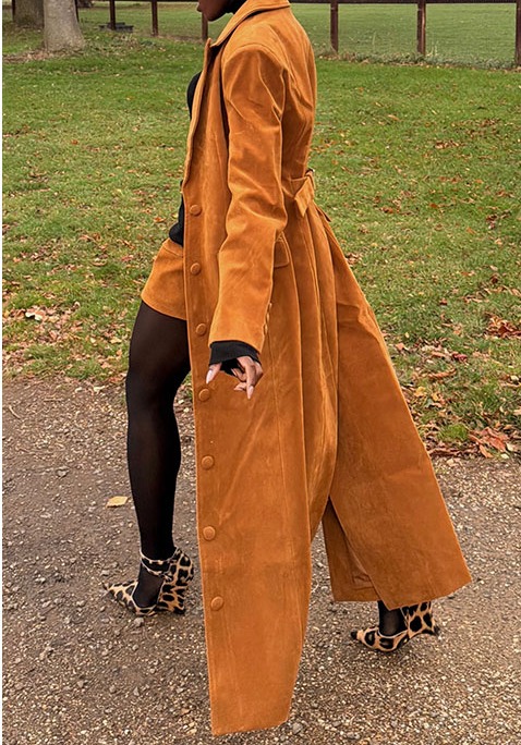 FAUX SUEDE CINCHED WAIST TAILORED COAT