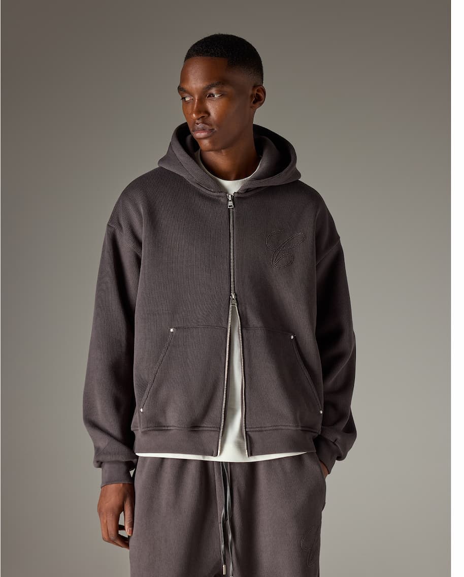 KNIT CONTRAST BINDING ZIP THROUGH HOODIE
