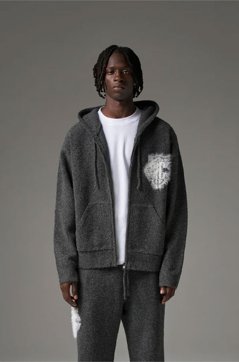 MONOGRAM FLUFFY KNIT ZIP THROUGH HOODIE