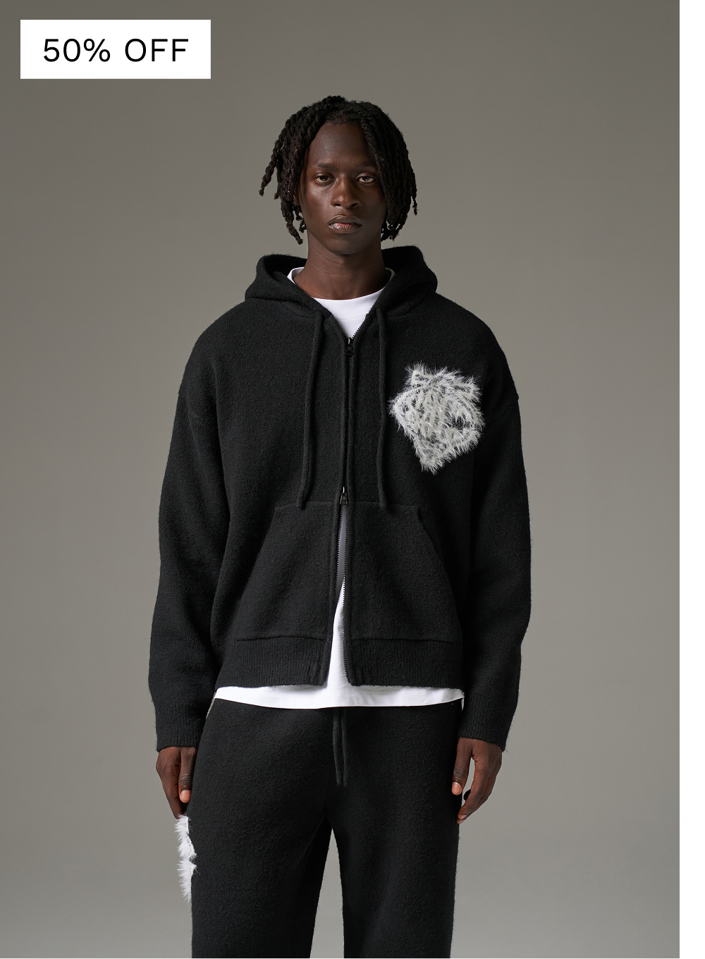 MONOGRAM FLUFFY KNIT ZIP THROUGH HOODIE