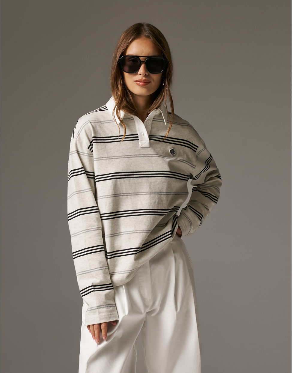 STRIPED LONG SLEEVE POLO TEE