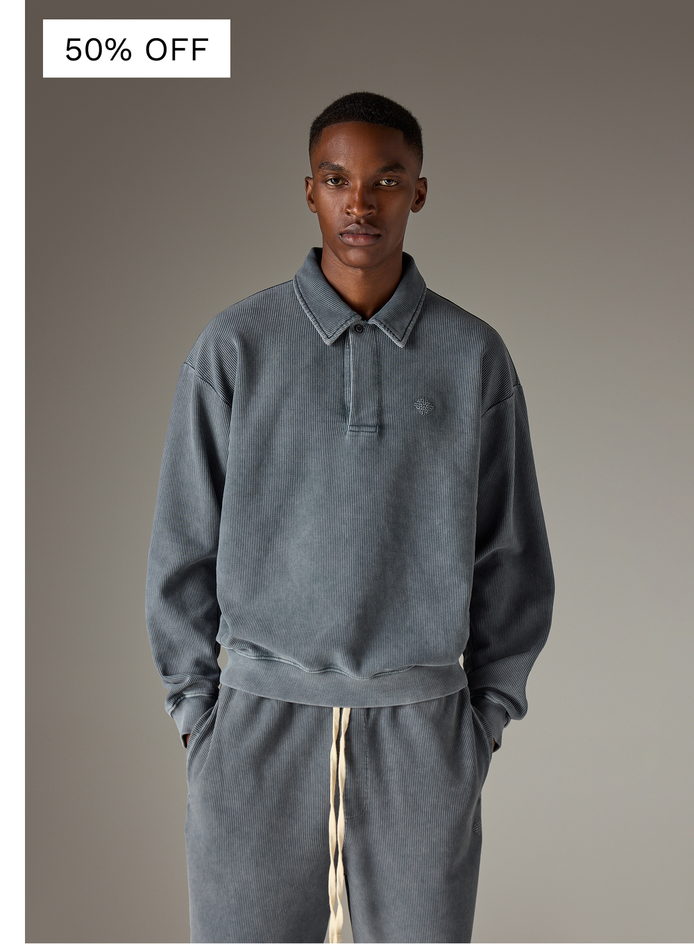 HEAVYWEIGHT WASHED RIBBED POLO SWEATSHIRT