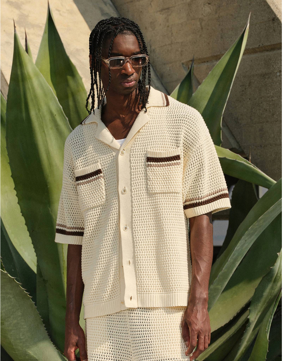 CROCHET KNITTED STRIPE BUTTON THROUGH SHIRT