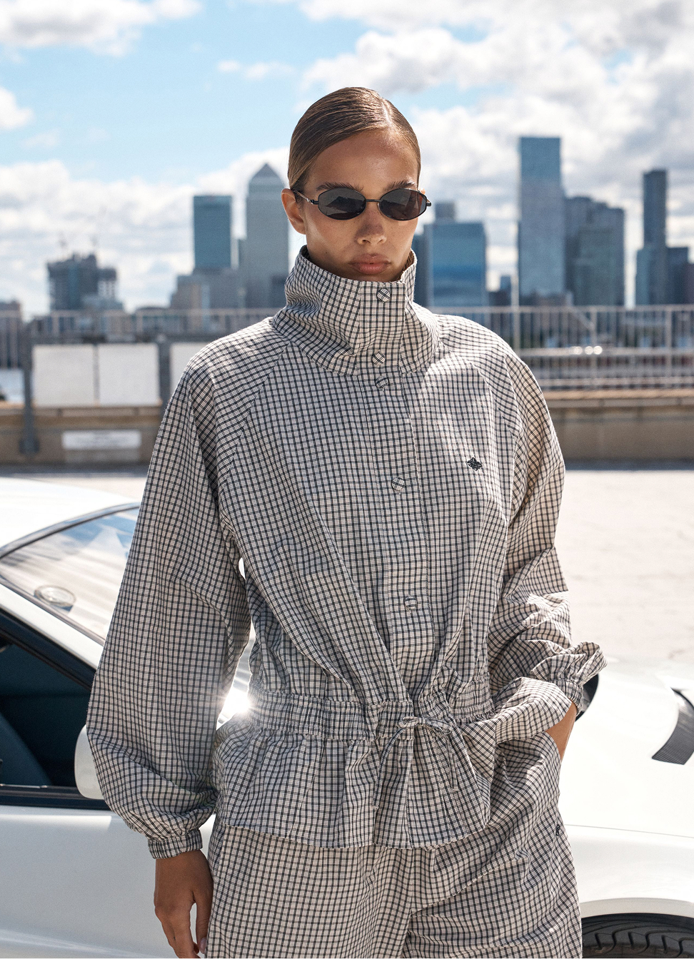 CHECKED DROP WAIST FUNNEL NECK JACKET